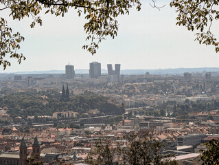 Prague City Panorama Framed by Green Trees View from Petrin Hill