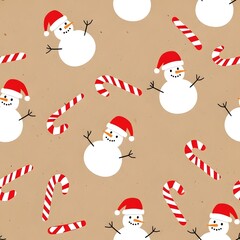 Festive seamless pattern of cute cartoon snowmen wearing santa hats and candy canes on a brown background