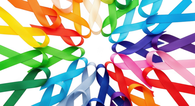 Circle of colorful awareness ribbons isolated on transparent background