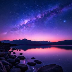 Vibrant milky way galaxy stretching across a twilight sky over a calm lake and silhouetted mountains