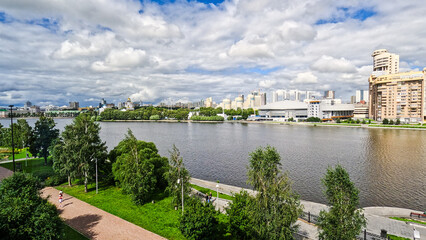 View of the embankment of Yekaterinburg, Russia and the Iset River in the very center of the city.