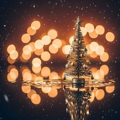 Sparkling christmas tree reflection with warm bokeh lights and falling snow