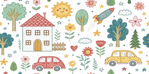 Whimsical hand-drawn doodle seamless pattern with house, rainbow, rocket, flowers, clouds, sun, trees, stars, and car. Cute colorful kids sketch background for fabric, wallpaper, or stationery.