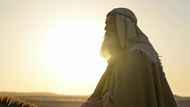Old prophet riding donkey at sunset biblical desert scene. Holy land ancient journey with man on animal, footage.