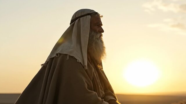 Old man riding donkey in desert at sunset. Biblical patriarch on journey, ancient times, spiritual travel footage.
