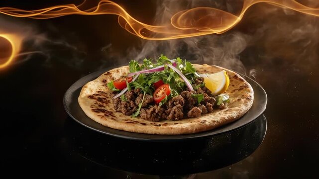 Steaming flatbread with minced meat, tomato and herbs on black plate

