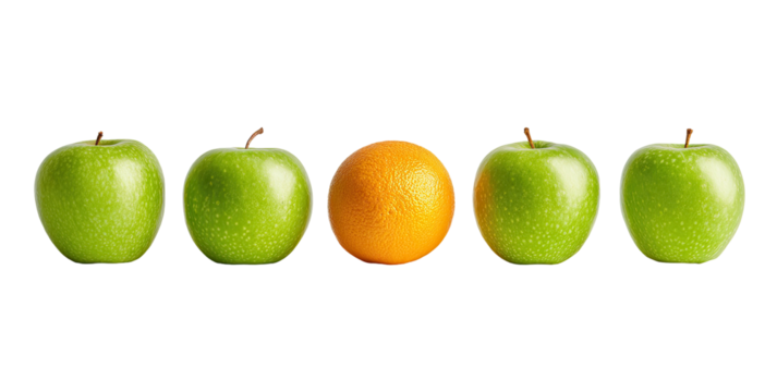 Row of green apples with one orange