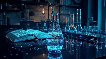 Blue illuminated chemistry laboratory with glass beakers and open scientific book on black reflective table under moody cinematic lighting - Powered by Adobe