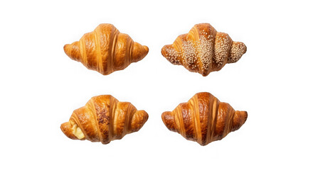Four golden brown croissants arranged on a black background