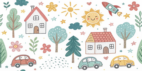 Whimsical hand-drawn doodle seamless pattern with house, rainbow, rocket, flowers, clouds, sun, trees, stars, and car. Cute colorful kids sketch background for fabric, wallpaper, or stationery.