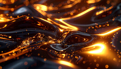 Fluid Dynamics of Light: An abstract exploration of fluid dynamics, with shimmering, golden light dancing across a dark, undulating surface, creating a captivating display of energy and movement.