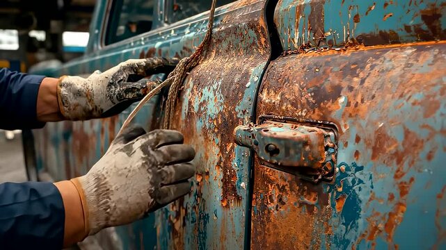 Worker repairing rusty vintage car door with protective gloves inside industrial garage, detailed close-up showing corrosion and texture