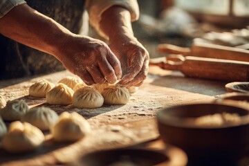 Close-up of hands shaping dough dumplings on a wooden board, highlighted by sunlight, culinary craftsmanship in the kitchen, traditional cooking techniques for pastry.