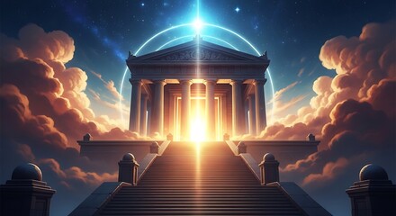 Majestic ancient temple bathed in divine light with grand staircase leading to celestial portal