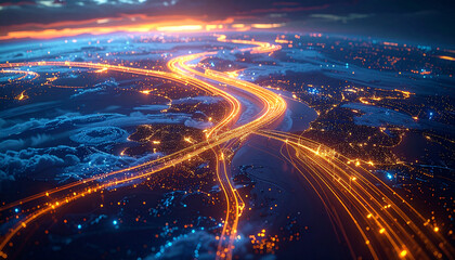 City Lights at Night: A breathtaking aerial view captures a sprawling metropolis ablaze with radiant city lights and glowing arterial roads under a dramatic, twilight sky.