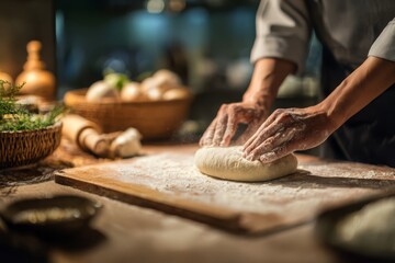 Chef kneading dough on wooden board in a rustic kitchen, showcasing culinary skills and traditional baking techniques, preparing fresh bread and pastries for customers.
