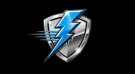 Dynamic blue lightning bolt striking a metallic silver shield emblem with speed lines on a black background representing power and protection