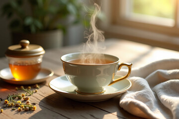 Obraz premium Steaming herbal tea in elegant china cup with honey, cozy home morning light