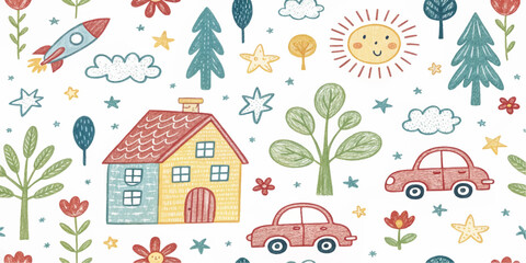 Whimsical hand-drawn doodle seamless pattern with house, rainbow, rocket, flowers, clouds, sun, trees, stars, and car. Cute colorful kids sketch background for fabric, wallpaper, or stationery.