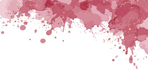 Elegant dusty rose watercolor splash with golden glitter accents on a white isolated background for design template