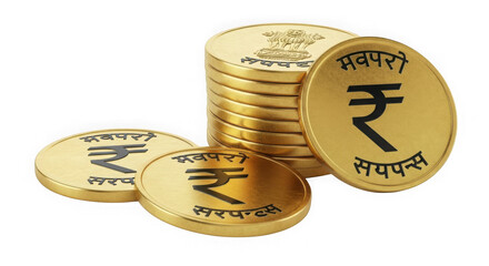 Golden indian rupee coins stacked and scattered