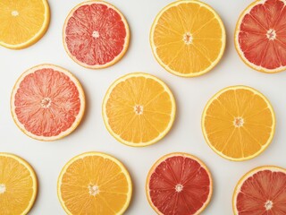 Fresh citrus slices arranged in a vibrant flat lay composition on a light surface