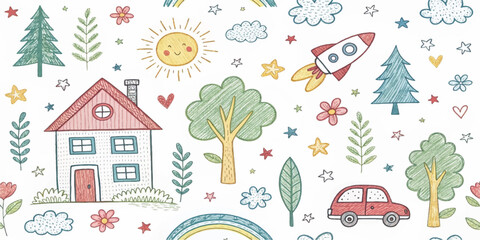 Whimsical hand-drawn doodle seamless pattern with house, rainbow, rocket, flowers, clouds, sun, trees, stars, and car. Cute colorful kids sketch background for fabric, wallpaper, or stationery.