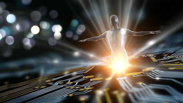 Faceless digital entity emerging from the blurred center of a radiant motherboard, glowing circuits fading into bokeh light, with copy space.