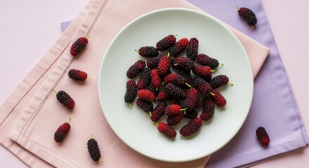 Freshly Harvested Mulberries On A Plate, Culinary Perspective And Aesthetic Composition
