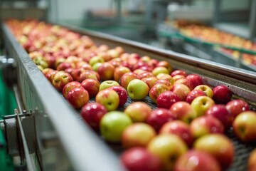 A vibrant conveyor belt filled with ripe apples in a fruit processing factory, showcasing freshness and abundance in a modern industrial setting and food industry.