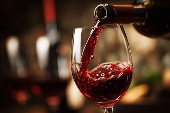 Pouring a glass of red wine, creating a captivating splash, revealing its rich color and inviting aroma in a dimly lit setting.
