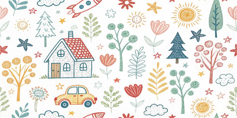 Whimsical hand-drawn doodle seamless pattern with house, rainbow, rocket, flowers, clouds, sun, trees, stars, and car. Cute colorful kids sketch background for fabric, wallpaper, or stationery.