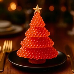Christmas tree made of red caviar on a black plate with a toasted bread base. A unique blend of gourmet presentation and festive atmosphere in a cozy bokeh setting.
