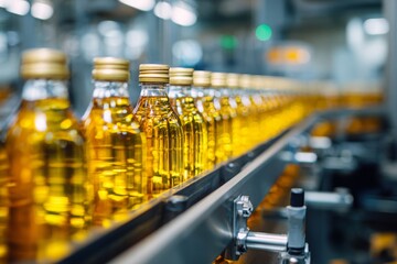 Olive oil production line: A row of glass bottles filled with golden liquid moves along a conveyor belt inside a modern food processing factory, ready for distribution.