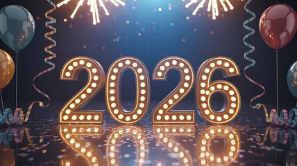 Happy New Year 2026 Celebration with Balloons Fireworks and Confetti Party Lights