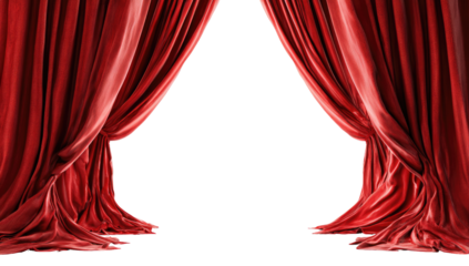 Deep crimson velvet curtains, wide open, revealing a dark stage