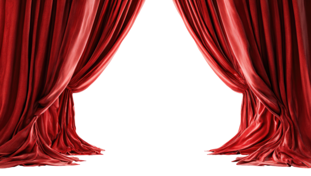 Deep crimson velvet curtains, wide open, revealing a dark stage