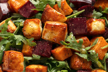 Halloumi, Sweet Potato, Beet Salad. Healthy Food.