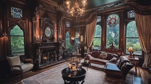 Gothic victorian interior design living room with fireplace and stained glass windows and chandelier