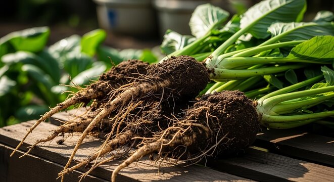 Freshly Harvested Parsnips with Dirt Clinging to Roots on a Wooden Surface - Powered by Adobe