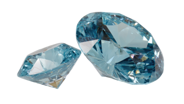 Two light-blue gemstones, one oval, one rectangular,  displaying intricate facets