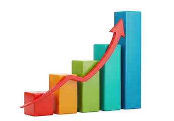 Colorful bar chart showing upward trend with red arrow