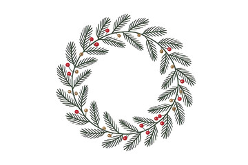 Christmas wreath with pine branches and berries isolated on transparent background