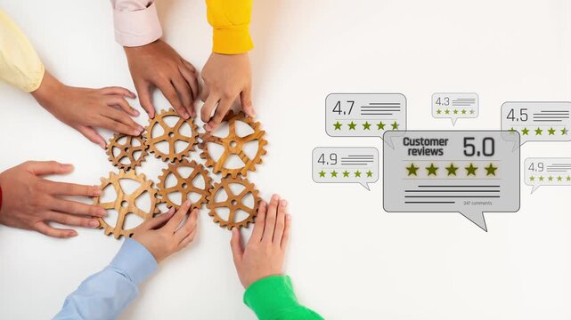 Diverse hands work together to arrange gears, symbolizing teamwork and collaboration in achieving outstanding customer satisfaction and high ratings. Raster