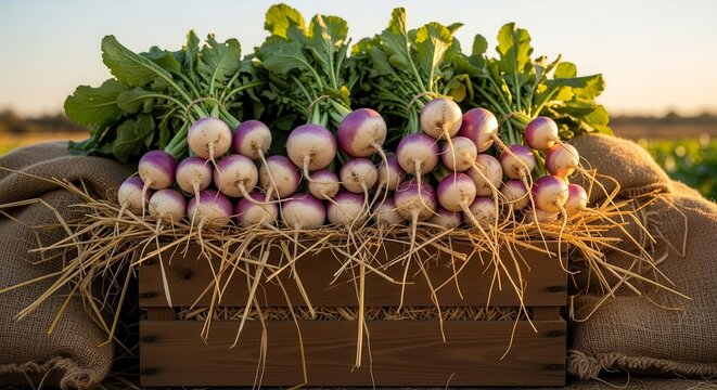 Freshly Harvested Purple-Top Turnips Displayed in Wooden Crate at Golden Hour