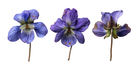 Three detailed, isolated violet flowers, various perspectives