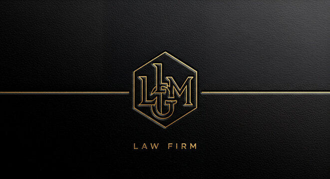 Elegant golden emblem logo design for a prestigious law firm on a textured dark background with subtle lighting - Powered by Adobe
