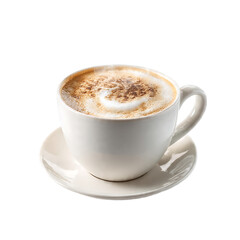 A white cup of cappuccino with froth and cinnamon powder on a white saucer on black background