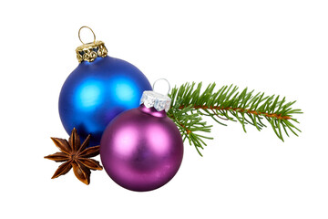 blue and purple christmas ball decoration with fir tree branch and anise star isolated on white or transparent png