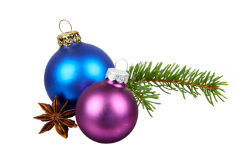 blue and purple christmas ball decoration with fir tree branch and anise star isolated on white or transparent png